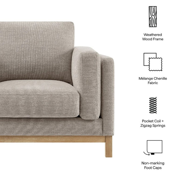 Amadeo Pewter Deep Seat Comfort Modern Fabric Chair Gray sofa with features listed on the right, including weathered wood frame, mélange chenille fabric, pocket coil + zigzag springs, and non-marking foot caps.