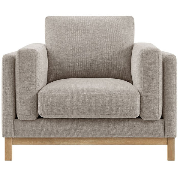 Amadeo Pewter Deep Seat Comfort Modern Fabric Chair Gray upholstered armchair with wooden legs on a white background