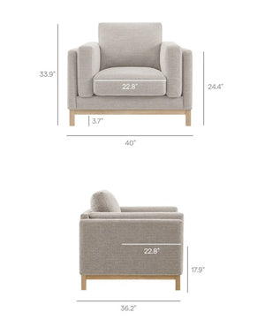 Amadeo Pewter Deep Seat Comfort Modern Fabric Chair Gray armchair with dimensions labeled on a white background