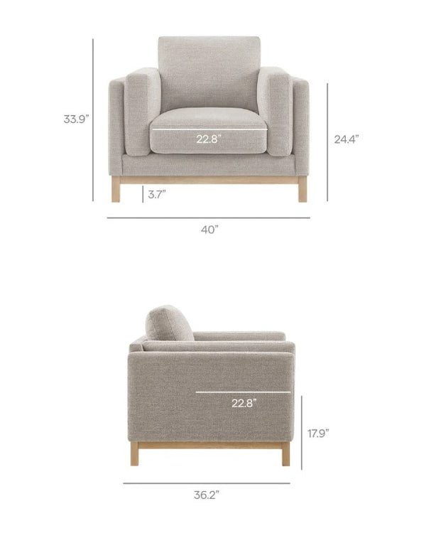 Amadeo Pewter Deep Seat Comfort Modern Fabric Chair Gray armchair with dimensions labeled on a white background