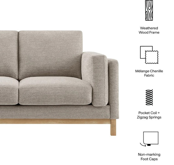Amadeo Pewter Deep Seat Comfort Modern Fabric Loveseat Gray sofa with features listed on a white background
