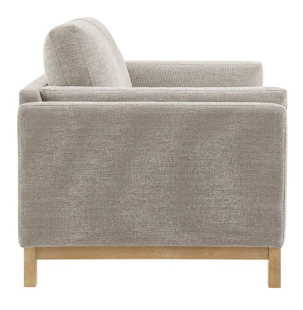Amadeo Pewter Deep Seat Comfort Modern Fabric Loveseat Gray upholstered loveseat with wooden legs on a white background