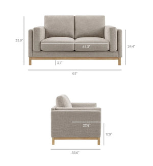 Amadeo Pewter Deep Seat Comfort Modern Fabric Loveseat Gray sofa with dimensions labeled on a white background