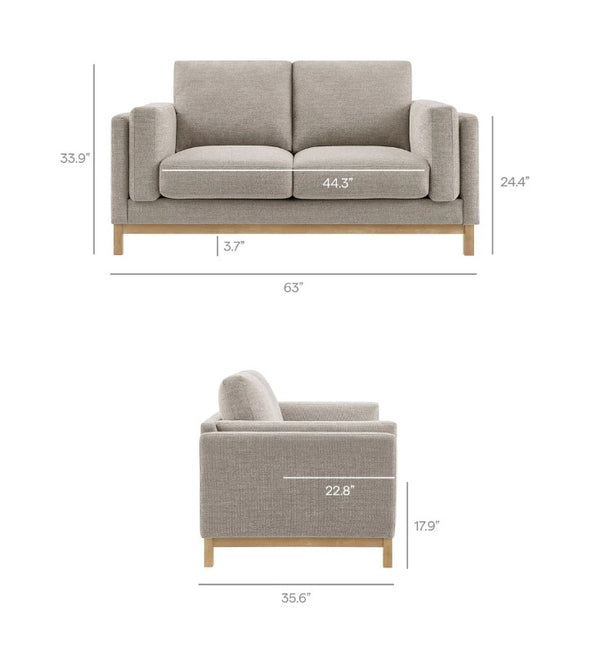 Amadeo Pewter Deep Seat Comfort Modern Fabric Loveseat Gray sofa with dimensions labeled on a white background