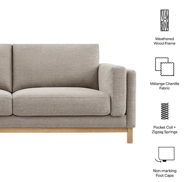 Amadeo Pewter Deep Seat Comfort Modern Fabric Sofa Gray sofa with labeled features on a white background