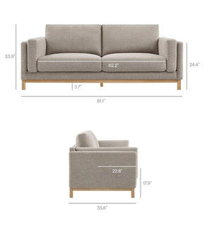 Amadeo Pewter Deep Seat Comfort Modern Fabric Sofa Gray sofa with dimensions labeled on a white background