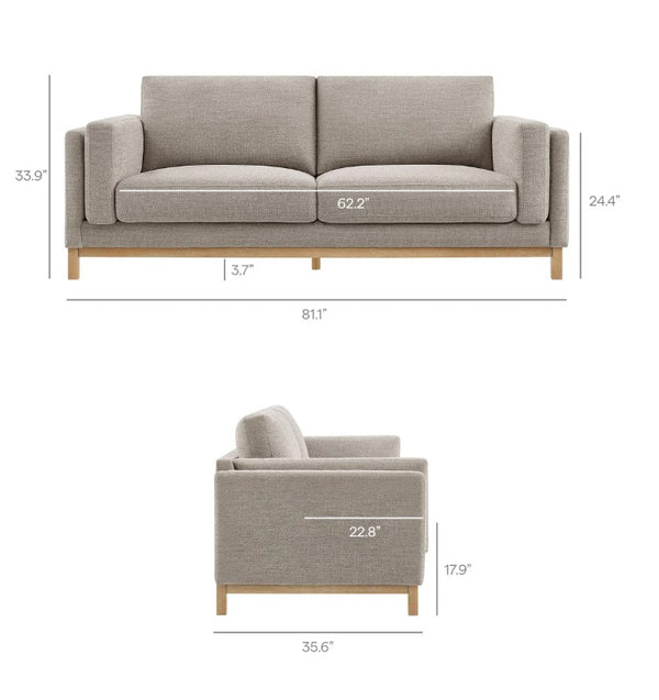Amadeo Pewter Deep Seat Comfort Modern Fabric Sofa Gray sofa with dimensions labeled on a white background