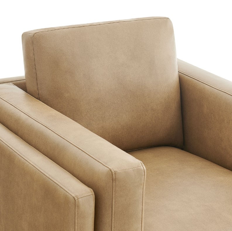 Amadeo Toast Vegan Leather Modern Chair Beige armchair in a living room setting with a bookshelf and window in the background.
