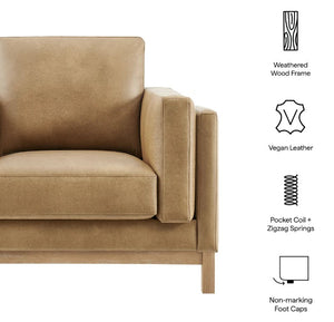 Amadeo Toast Vegan Leather Modern Chair Beige sofa with features listed on a white background