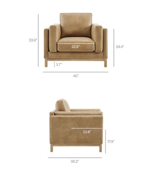 Amadeo Toast Vegan Leather Modern Chair Beige armchair with dimensions labeled on a white background