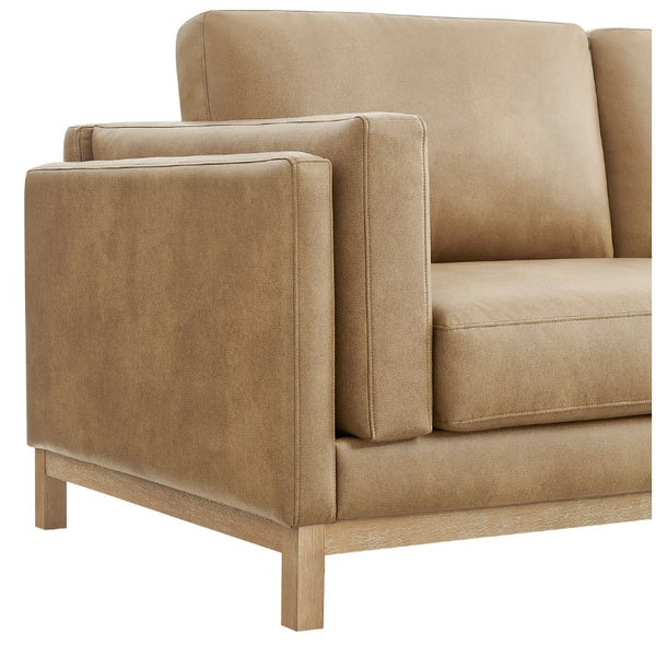 Amadeo Toast Vegan Leather Modern Loveseat Beige sofa with wooden legs on a white background
