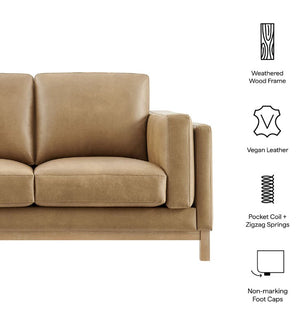 Amadeo Toast Vegan Leather Modern Loveseat Brown sofa with features listed on a white background