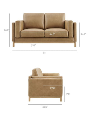 Amadeo Toast Vegan Leather Modern Loveseat Brown sofa with dimensions labeled on a white background