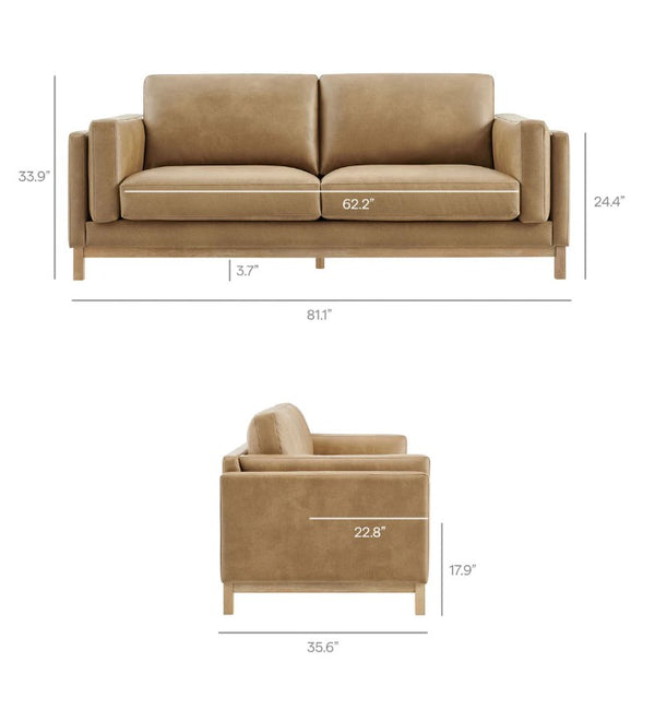 Amadeo Toast Vegan Leather Modern Sofa Tan sofa with dimensions labeled on a white background