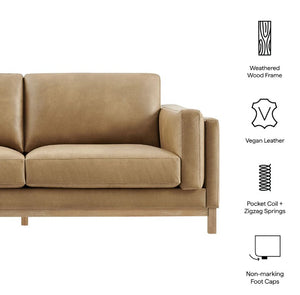 Amadeo Toast Vegan Leather Modern Sofa Brown sofa with features listed on a white background