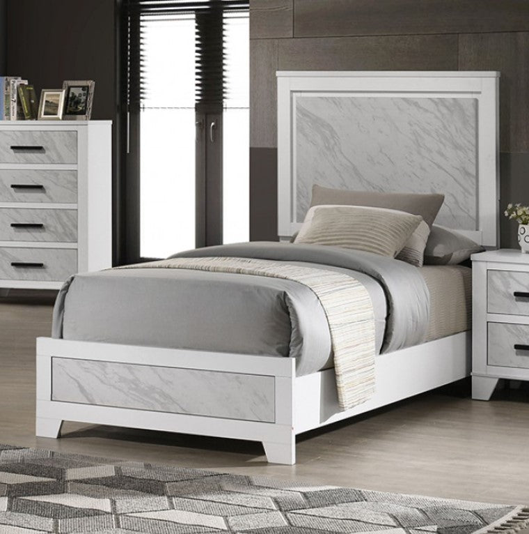 Arden 4pc White Faux Marble Panel Twin Bedroom Set