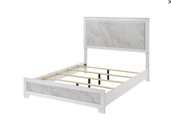 Arden white faux marble panel bed frame in white bacground