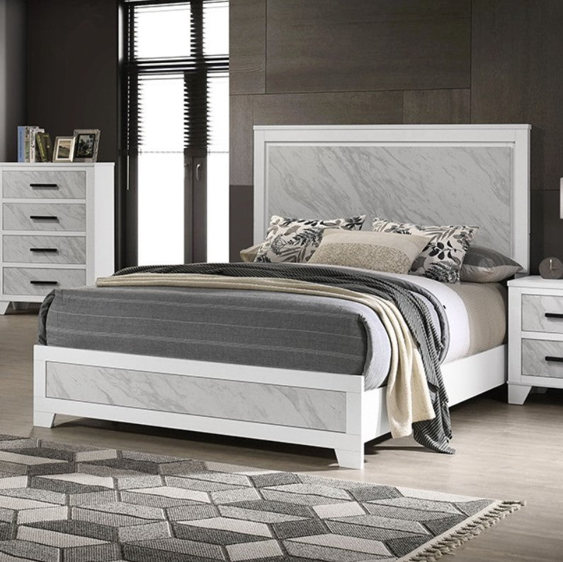 Arden White Faux Marble Panel Bed