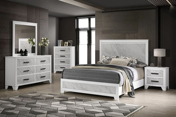 Arden Modern bedroom set with white furniture, including a bed, dressers, and nightstands, in a stylishly decorated room.