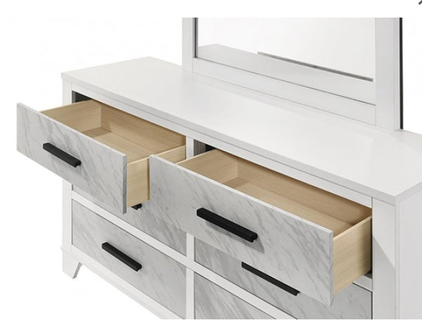 Arden White dresser with open drawers showing a marble-like texture.