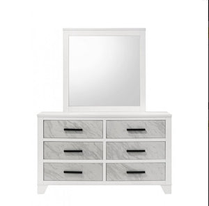 Arden White dresser with six drawers and a matching mirror on a white background