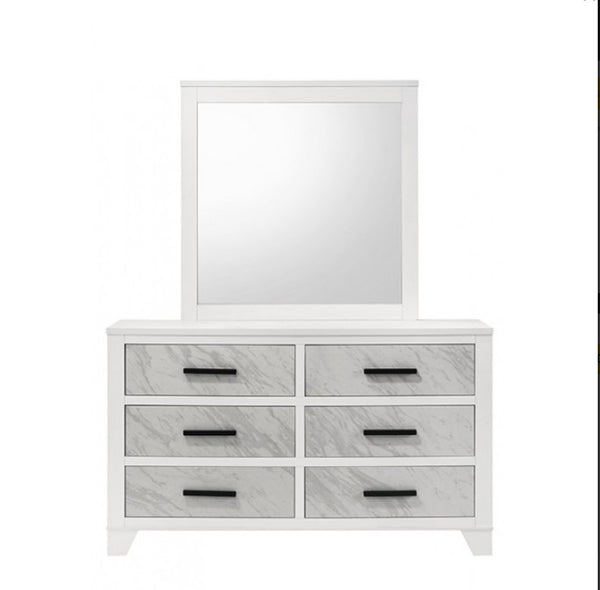 Arden White dresser with six drawers and a matching mirror on a white background