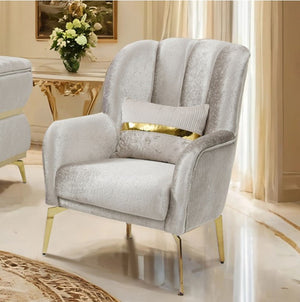 Ari Glam Beige Chair Flare Channeled Arms Gold Accents