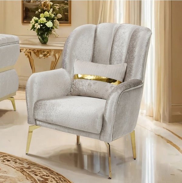 Ari Glam Beige Chair Flare Channeled Arms Gold Accents