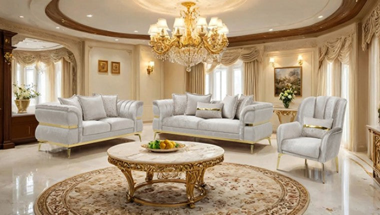 Ari Glam Beige Loveseat Flare Channeled Arms Gold Accents Gray sofa with gold accents in a luxurious living room setting