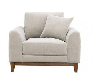 Arieal Mid-Century Modern Chenille Fabric Chair Beige armchair with wooden legs on a white background