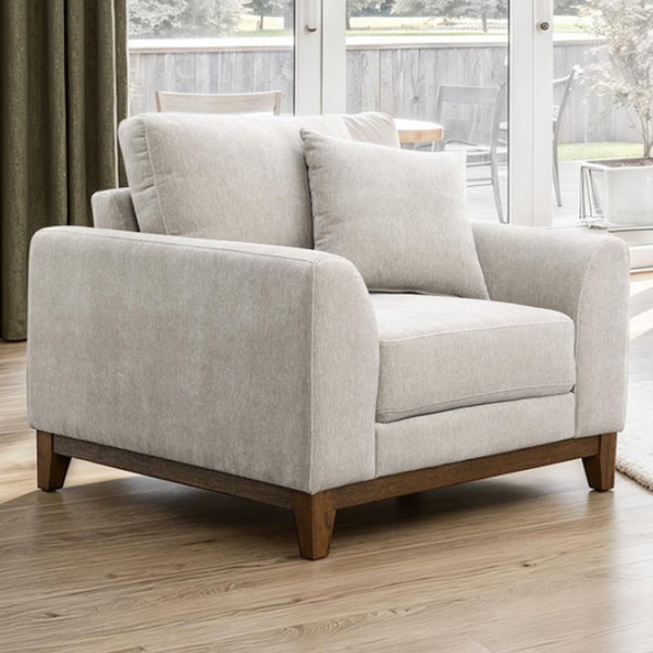 Arieal Mid-Century Modern Chenille Fabric Chair Beige armchair with wooden legs in a living room setting