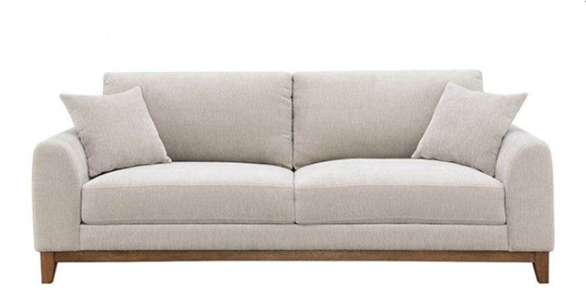 Arieal Mid-Century Modern Chenille Fabric Sofa Light gray sofa in a room with large windows and a plant