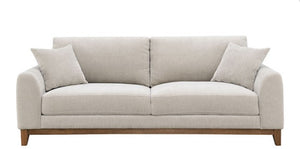 Arieal Mid-Century Modern Chenille Fabric Sofa Beige sofa with wooden legs on a white background