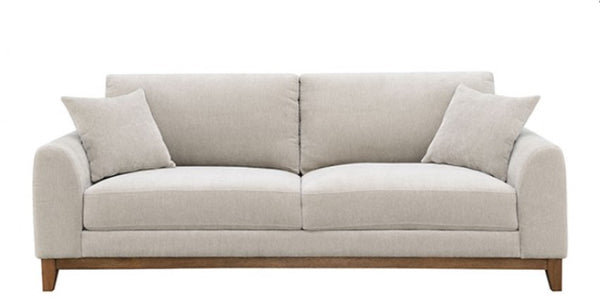 Arieal Mid-Century Modern Chenille Fabric Sofa Beige sofa with wooden legs on a white background