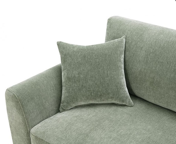 Arieal Mid-Century Modern Olive Green Chenille Fabric Sectional Green sofa with a matching cushion on a white background