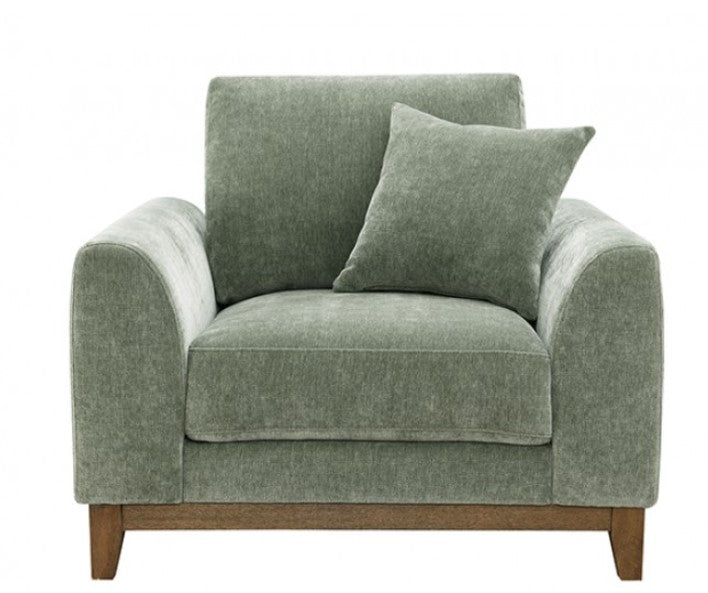 Arieal Mid-Century Modern Olive Green Chenille Fabric Chair Green armchair in a room with large windows and wooden flooring.