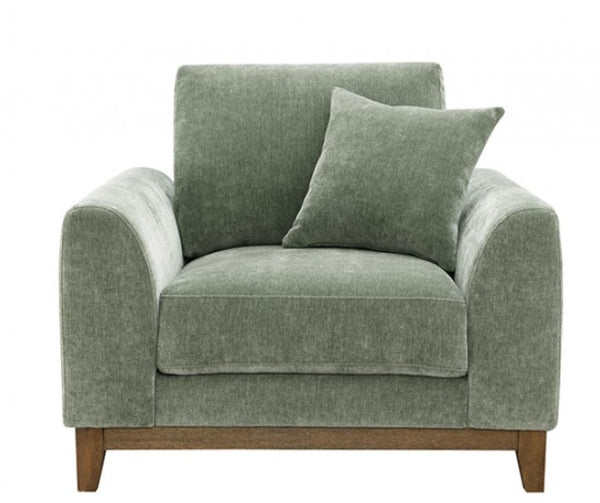 Arieal Mid-Century Modern Olive Green Chenille Fabric Chair Green armchair with a cushion on a white background