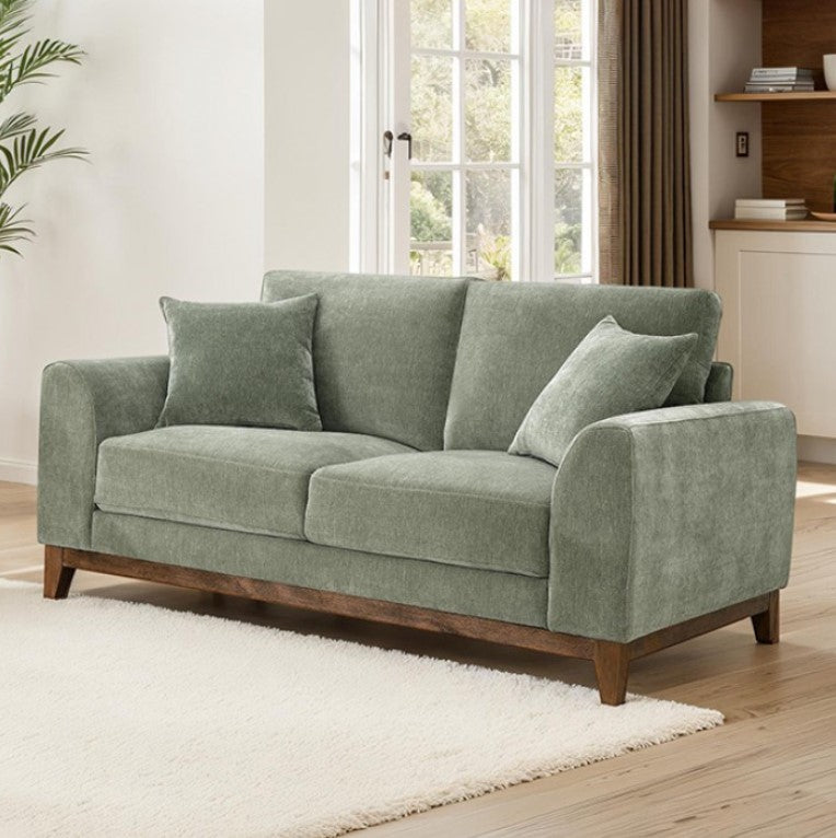 Arieal Mid-Century Modern Olive Green Chenille Fabric Loveseat Green sofa with wooden legs in a living room setting