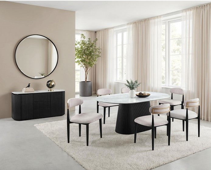 Arleto Modern Black White Top Oval Dining Table Modern dining room with a black and white oval table and chairs.