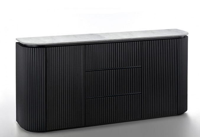 Arleto Modern Black White Top Oval Server Black sideboard with marble top against a beige wall