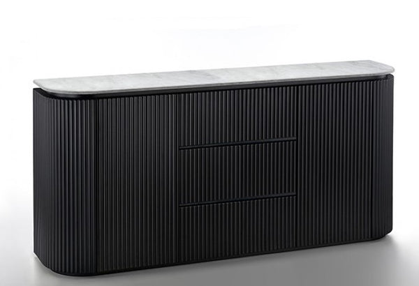 Arleto Modern Black White Top Oval Server Black sideboard with a white marble top on a white background