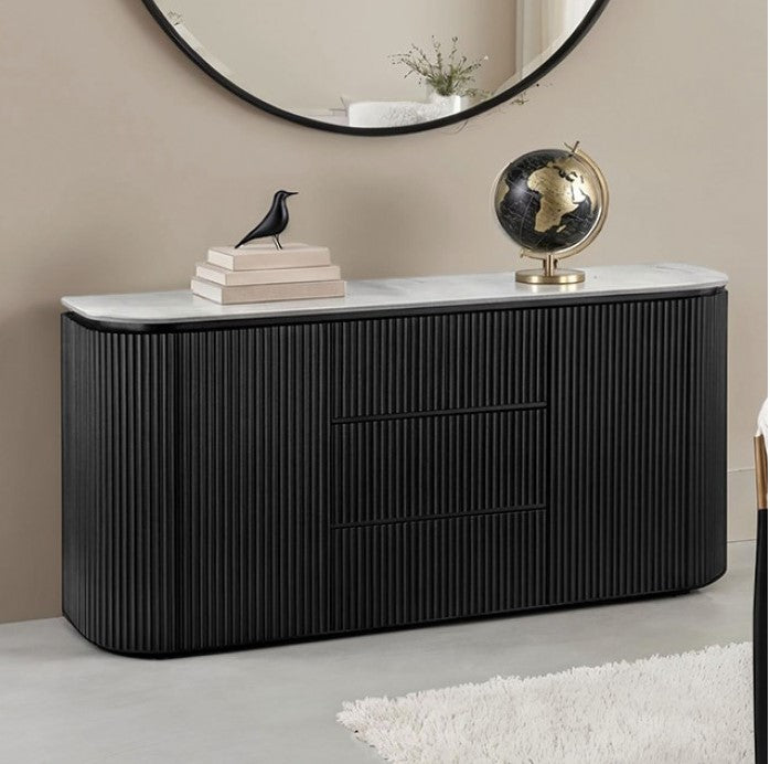 Arleto Modern Black White Top Oval Server Black sideboard with marble top against a beige wall