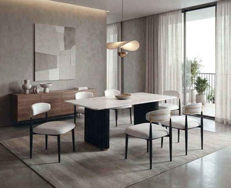 Arleto Modern Black White Top Rectangular Trestle Reeded Metal Base Dining Table Modern dining room with a white table and chairs in a stylish interior.