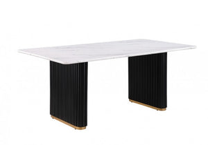 Arleto Modern Black White Top Rectangular Trestle Reeded Metal Base Dining Table Rectangular table with white top and black ribbed legs on a white background