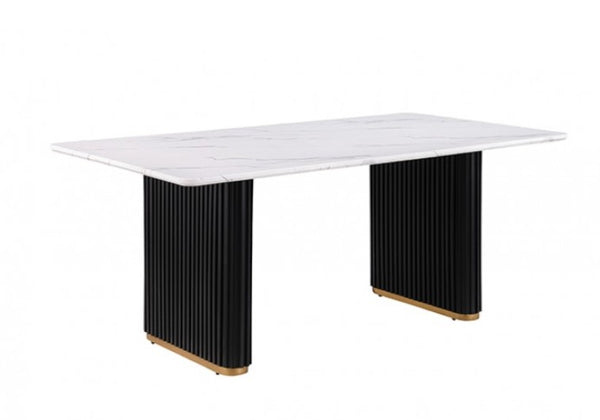 Arleto Modern Black White Top Rectangular Trestle Reeded Metal Base Dining Table Rectangular table with white top and black ribbed legs on a white background
