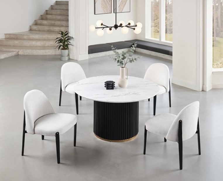 Arleto Modern Black White Top Round Dining Table Dining table set with white chairs in a modern living room.
