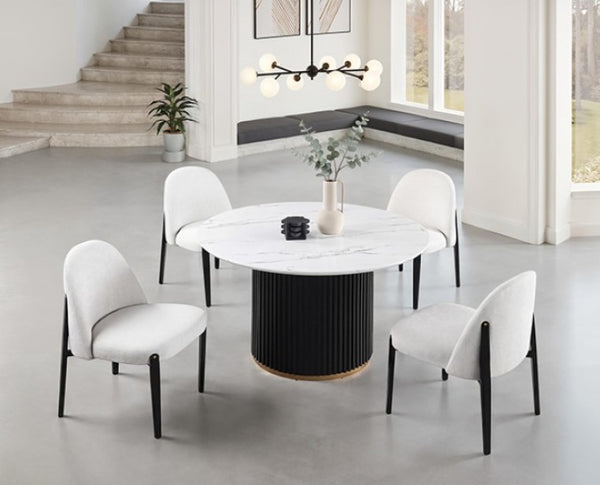 Arleto Modern Black White Top Round Dining Table Dining room with a round table and four chairs in a modern interior setting.
