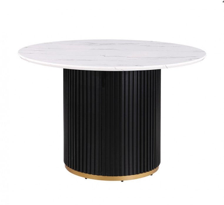 Arleto Modern Black White Top Round Dining Table Dining table set with white chairs in a modern living room.