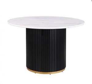 Arleto Modern Black White Top Round Dining Table Round table with white top and black ribbed cylindrical base on a white background