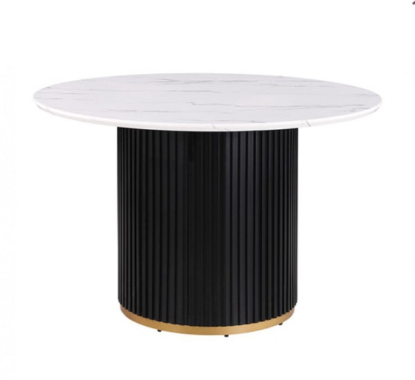 Arleto Modern Black White Top Round Dining Table Round table with white top and black ribbed cylindrical base on a white background